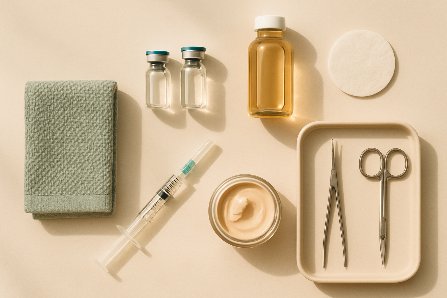 Botox & Fillers — OVERHEAD FLAT-LAY of the tools, products, and supplies for this service, clean background