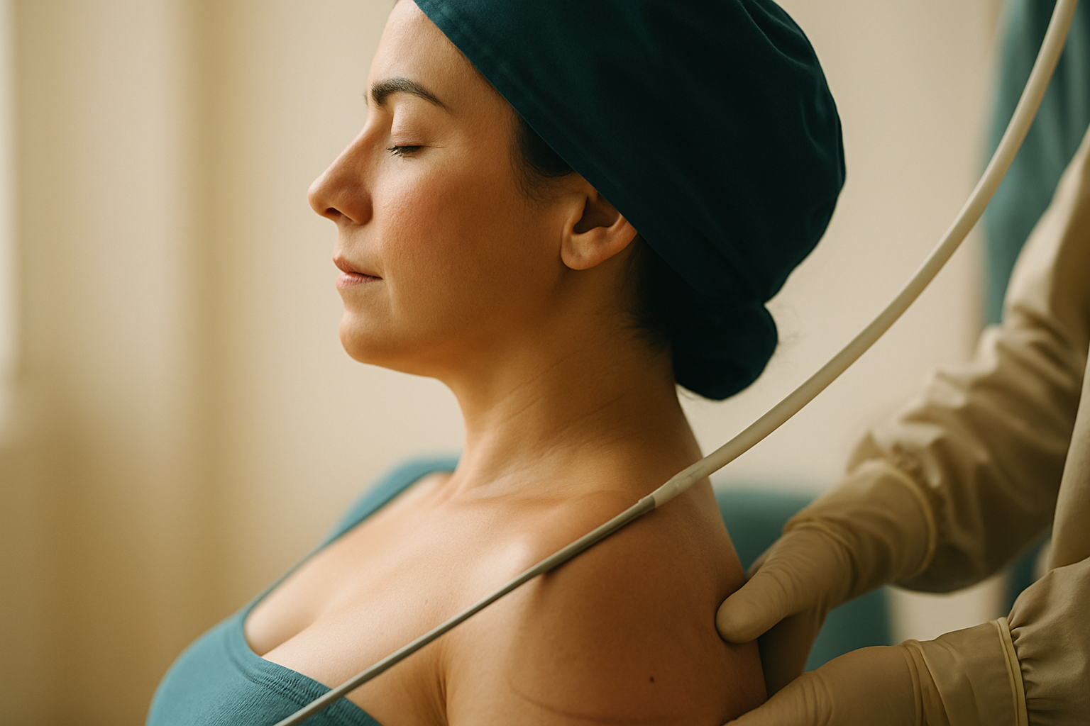 Liposuction — PROFILE PORTRAIT of a person mid-treatment, eyes closed, soft side light