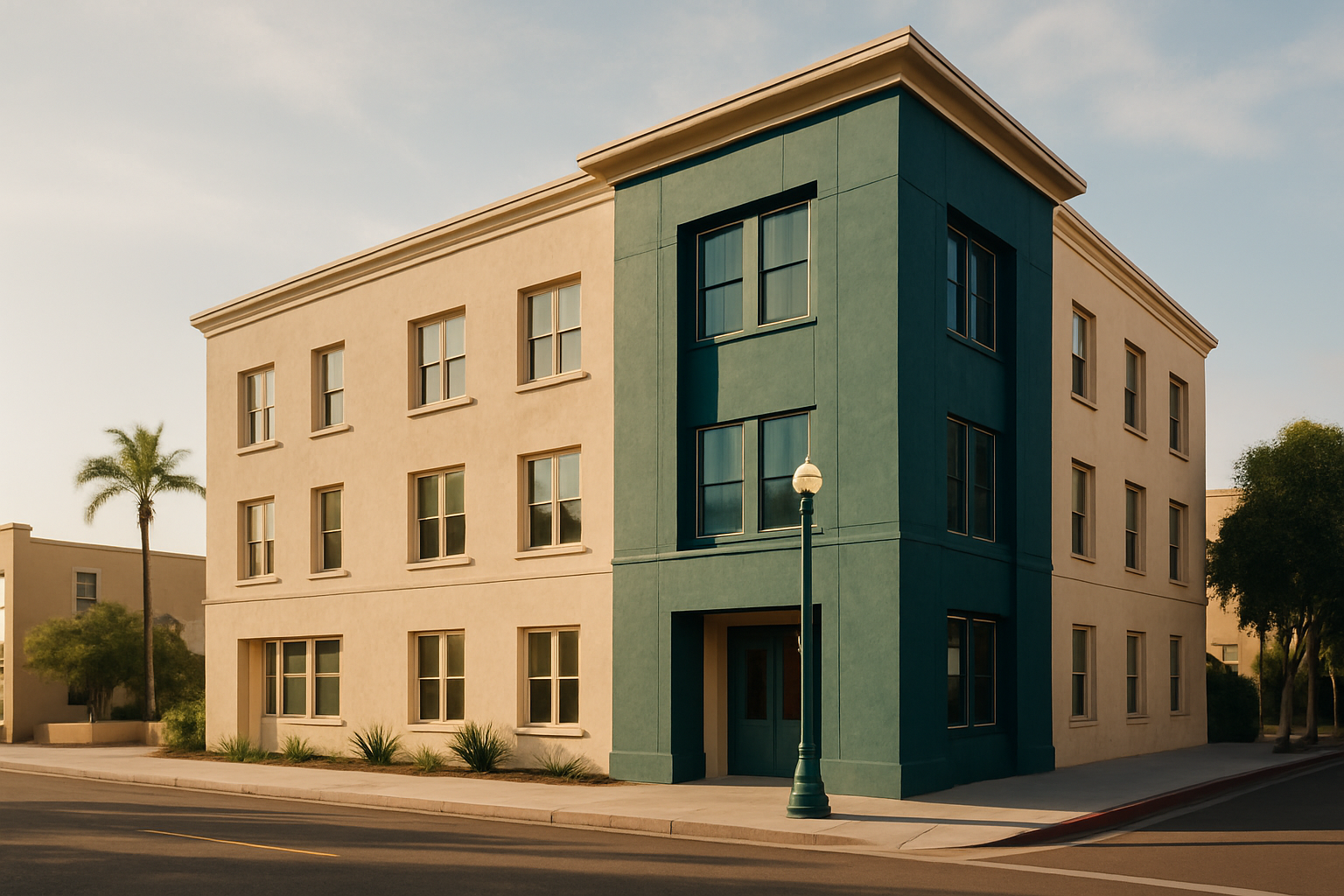 San Diego, San Diego County — EXTERIOR ARCHITECTURAL PHOTO of the building from street level, no people, late afternoon