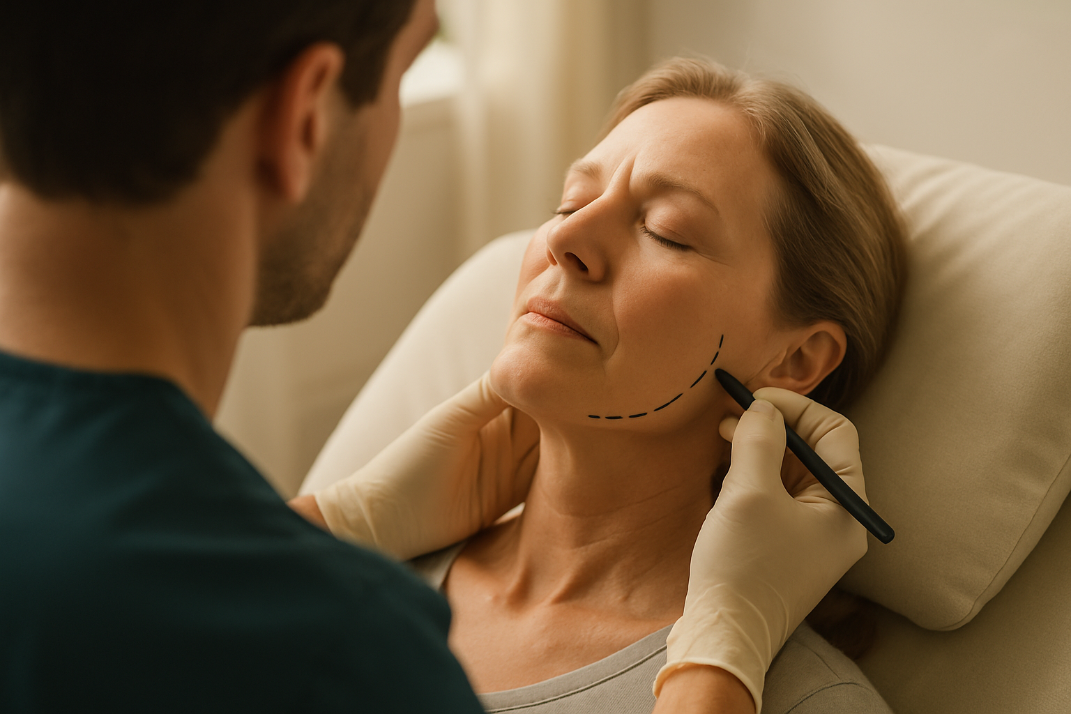 Facelift — OVER-THE-SHOULDER perspective watching the practitioner work, soft natural light